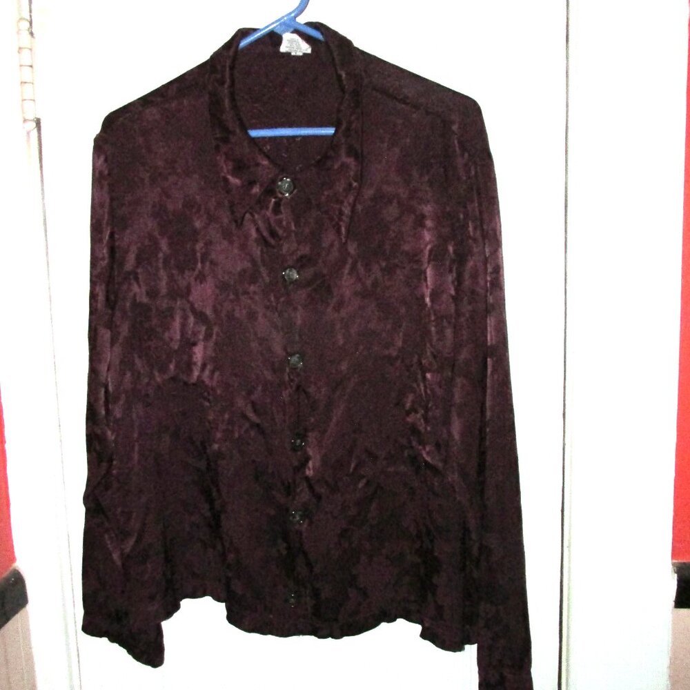 VTG CP Shades Burgundy Purple Rayon Jacquard Button Shirt Blouse  Boxy